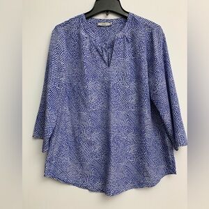 Dalia Purple Blue White Floral V Neck 3/4 Sleeve Top Blouse L